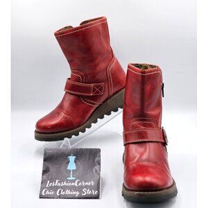 Fly London Women's Red  Leather Seku Wedge Buckled Ankle Boots Sz (5.5) 36 2907